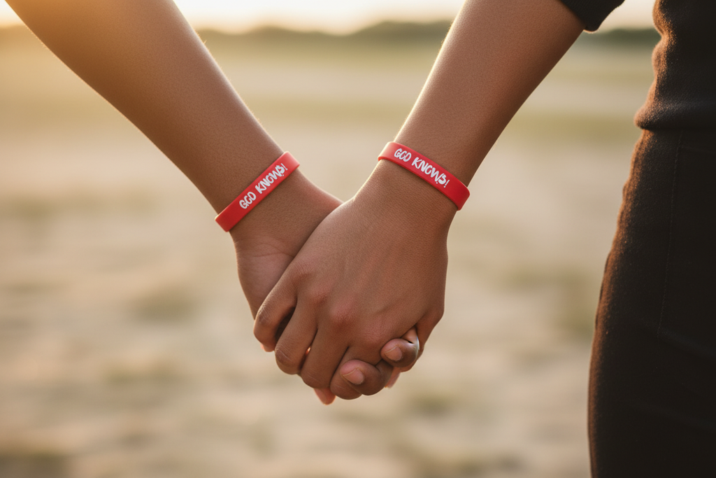Close-up of couple's hands with God Knows Wristbands