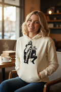 Close-up of woman in Black & White Hoodie - cozy setting