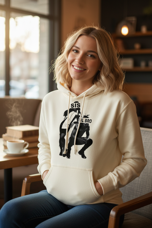 Close-up of woman in Black & White Hoodie - cozy setting
